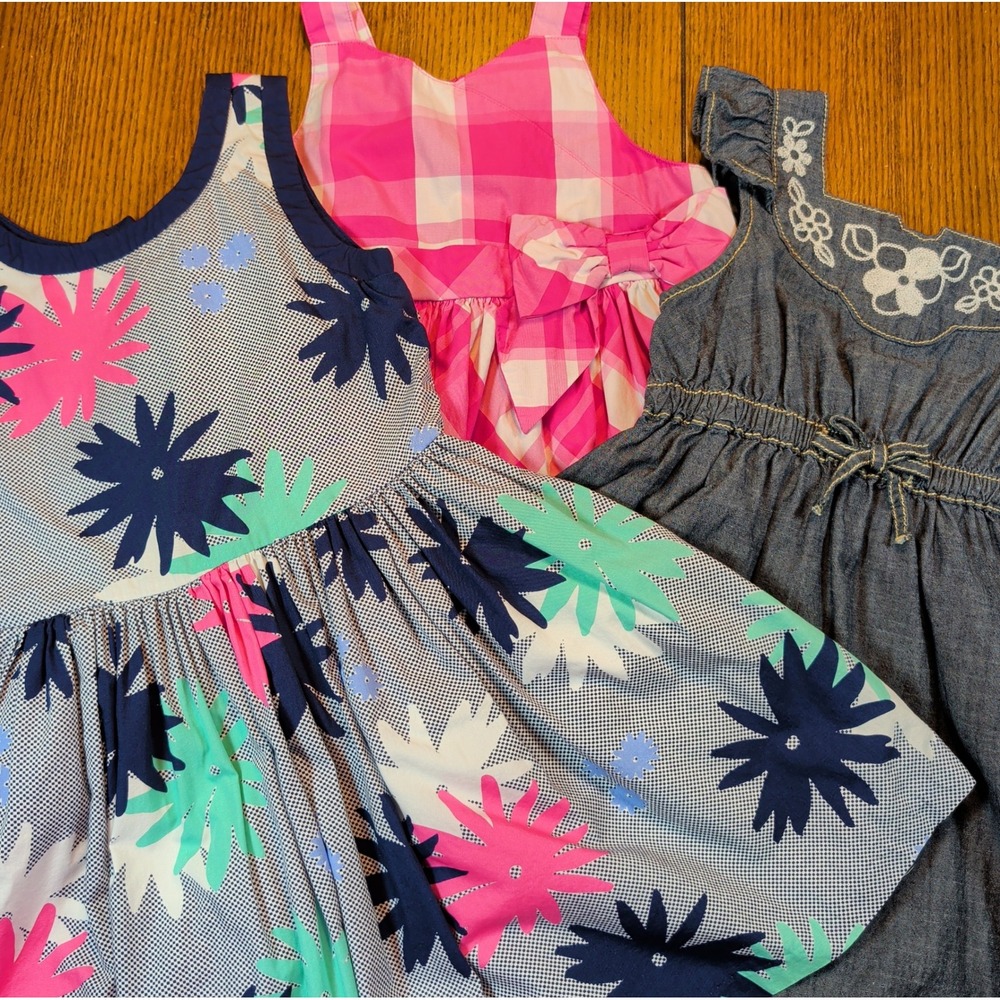 Gymboree Lot Of 3 Girls Dresses Pink Denim Floral 100% Cotton Size 7 Summer Vibe